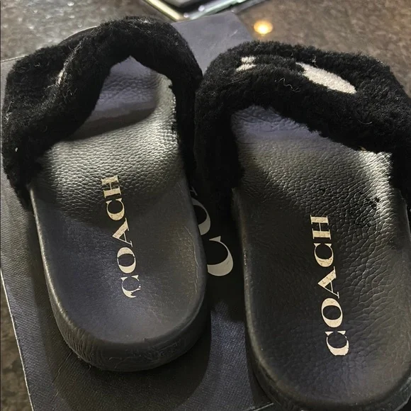 Coach Black and White Fuzzy Slides - Picture 3 of 6